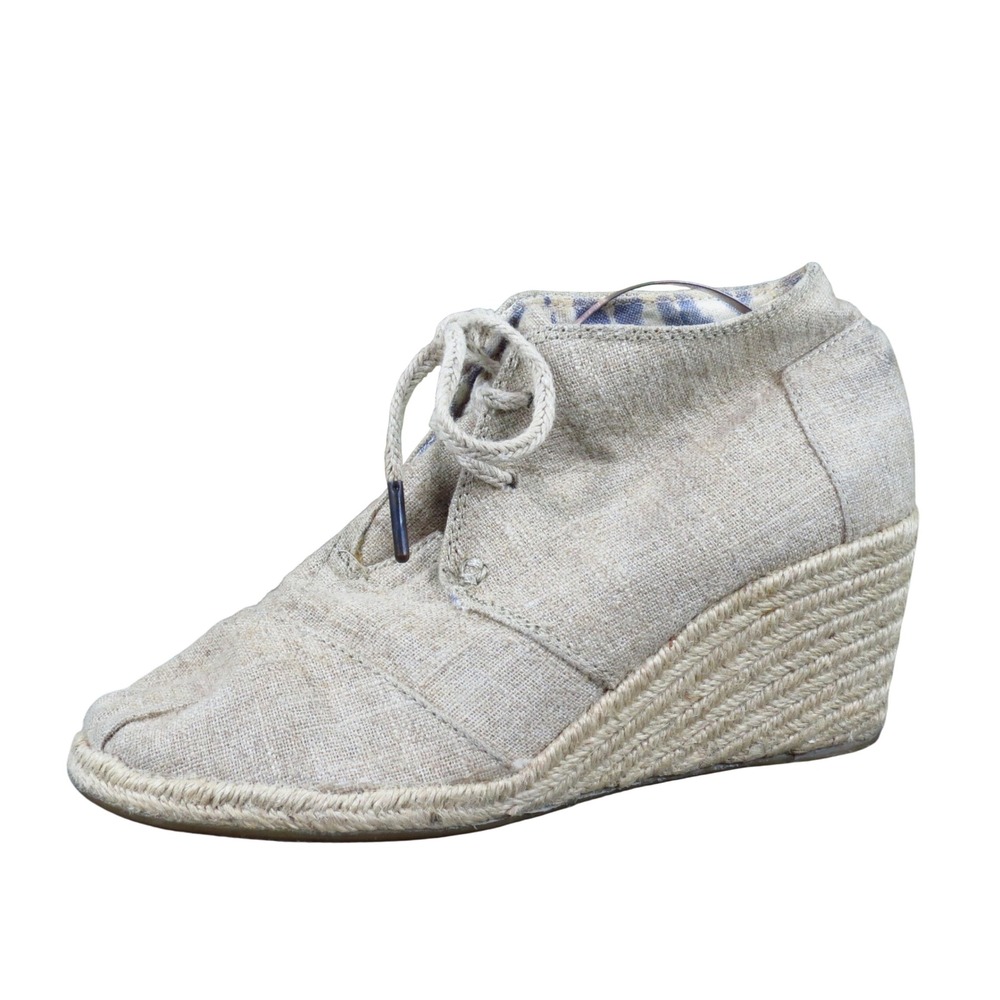 TOMS Desert Wedge Women Ankle Bootie Size 8 Fashion Beige Linen Espadrille Heel